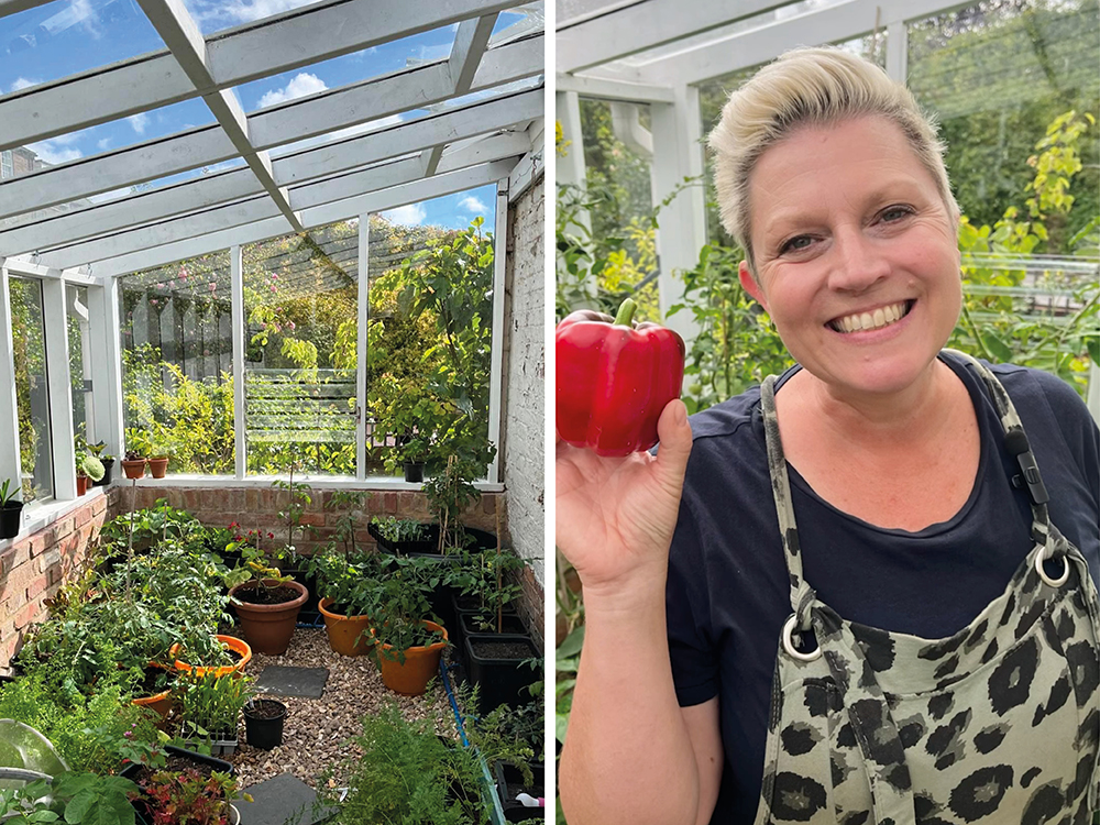 Above: Capsicum hither! Fruit and veg thriving in Susy’s glasshouse