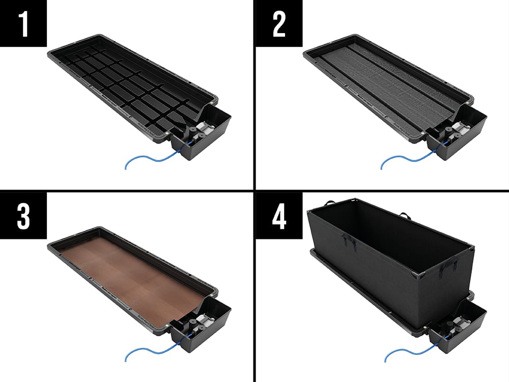 Setting up a Tray2Grow for the Planter – 1. AQUAvalve fitted – 2. Capillary matting laid
3. Root control in place – 4. Planter added