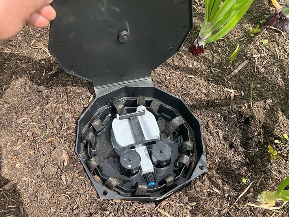 Lifting the lid on AQUAbox Spyder - note the capillary strips around
the edge that fan out into the bed beneath the surface of the soil